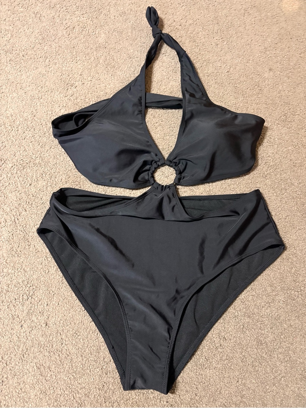 Black Halter Ring Cutout One-Piece Swimsuit - Women Swim